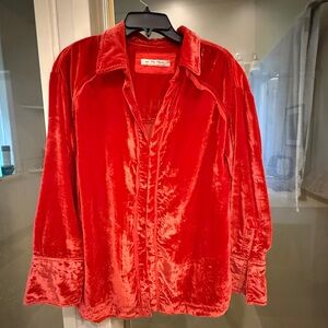 Free People Red Velvet Button-Up Shirt Holiday